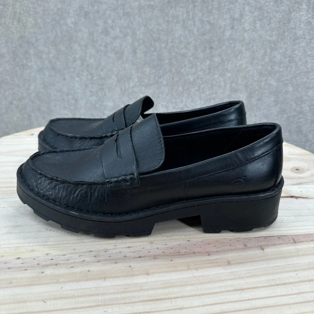 Born Carrera Penny Loafers Womens 9 Black Leather Chunky Lug Sole Shoes